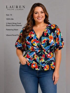 Lauren Ralph Lauren 100% Silk Floral Wrap Blouse Size 1X Navy Multicolor